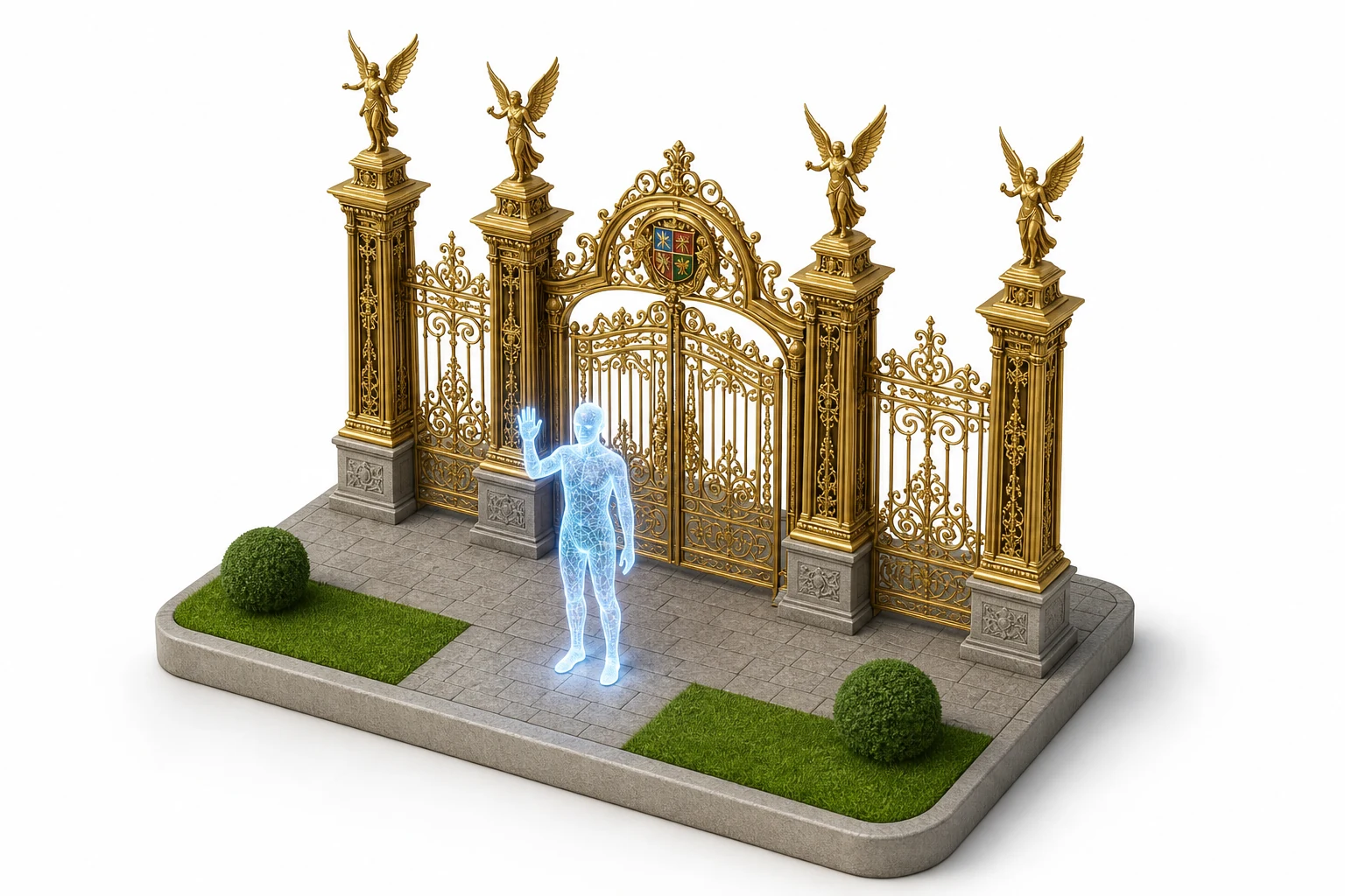 3D render of a holographic AI assistant waving in front of Warrington's Golden Gates